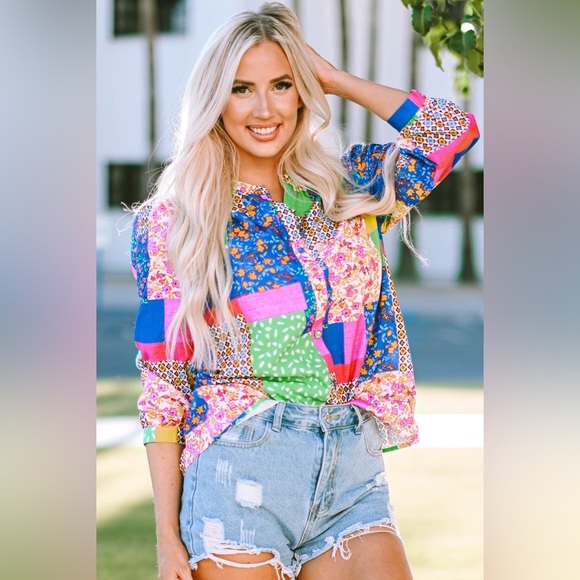 Fate Multicolor Patchwork Women's 3/4 Sleeve Top Size Medium NWT - Picture 11 of 13